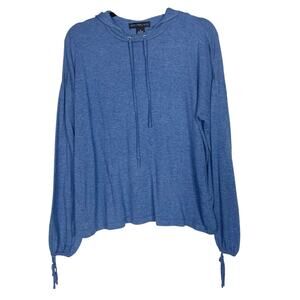 Joan Vass Womens Medium M Blue Lightweight Hooded Sweater Tie Sleeve Cuffs